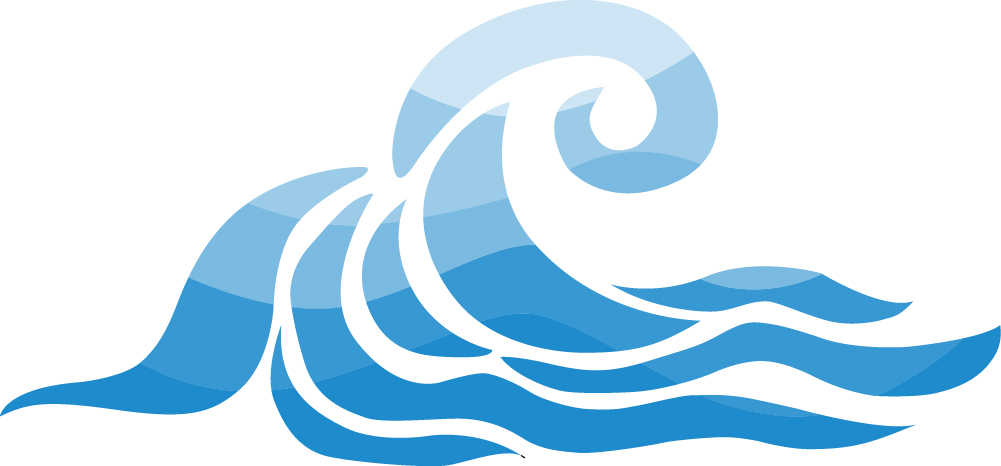 A stylized blue wave illustration with flowing, curved lines and a swirling crest, using gradient shades for a dynamic oceanic effect.